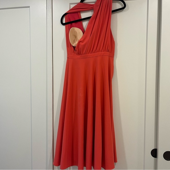 HALSTON HERITAGE Crepe Halter Rings Embellished Sleeveless Jersey Dress Coral, 0 - Picture 8 of 10